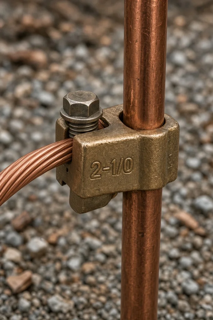 AaVra Conector de bronce uniendo conductor de cobre a varilla de tierra